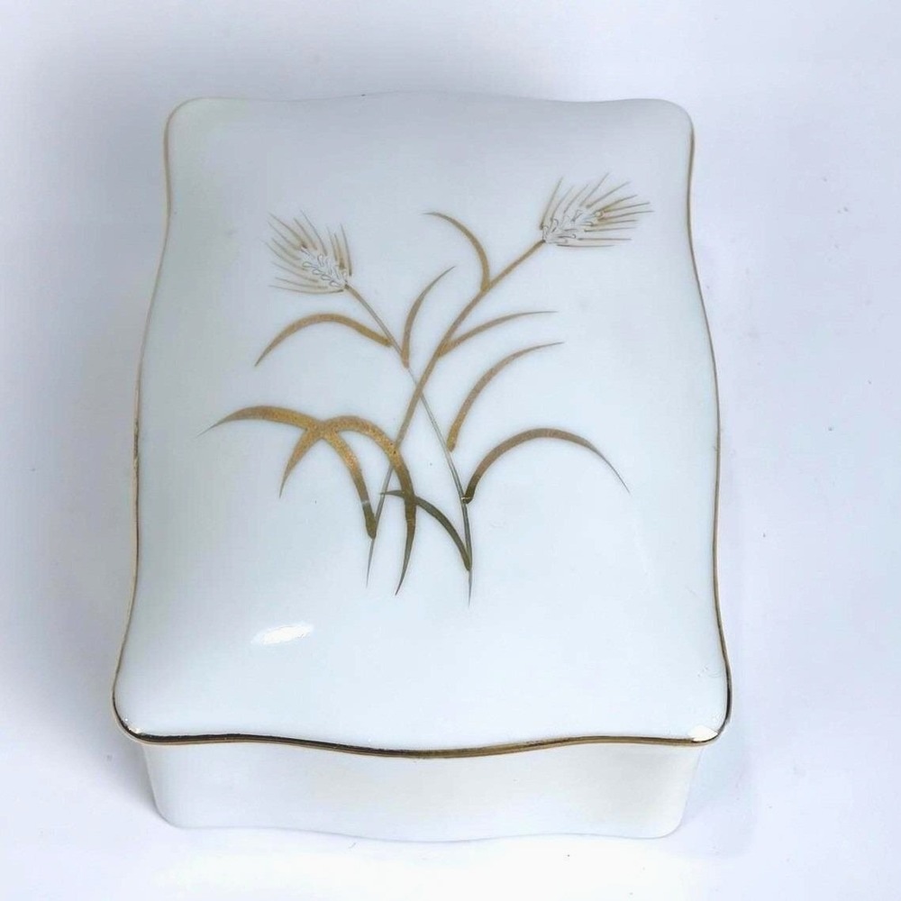 Lefton China Golden Wheat 375 Porcelain Trinket Box 4 Coaster Dish Set‎ Vintage